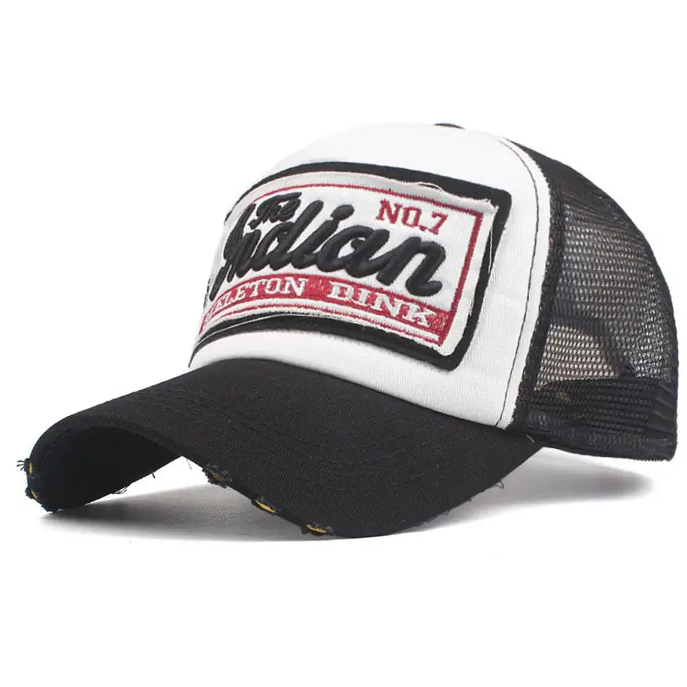 Trucker-style Indian Cap with white front panel, black mesh back, and Gilian No. 7 logo