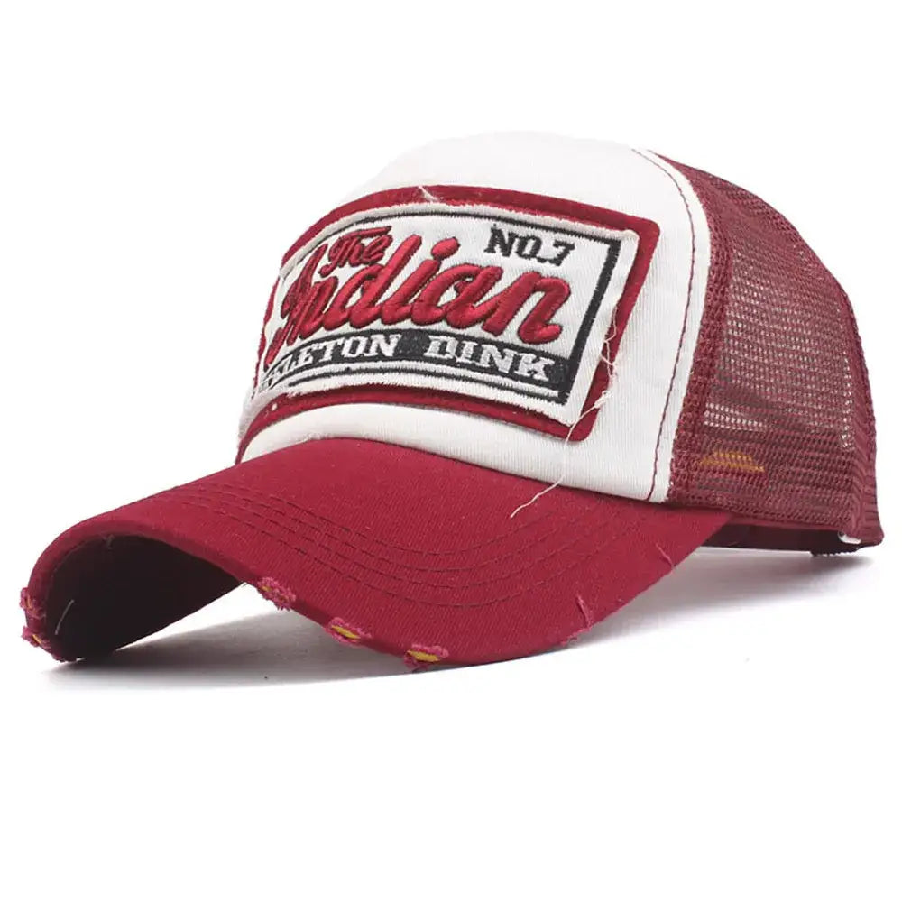 Red and white Indian Cap with Cotton patch, perfect for Y2K style enthusiasts