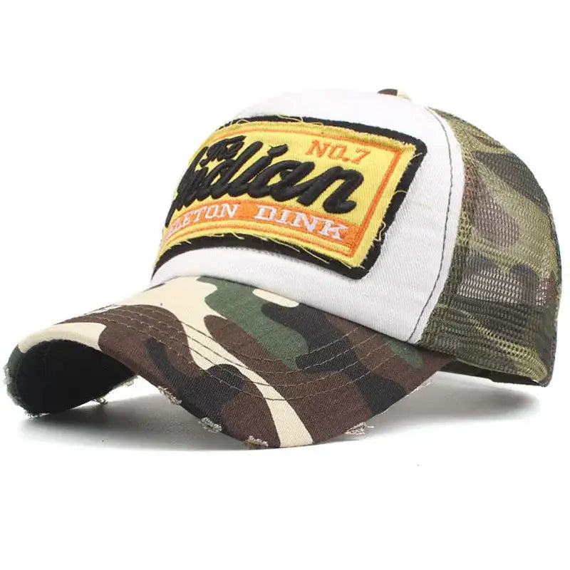 Trucker-style Indian Cap with camouflage pattern and Allen patch, perfect Y2K accessory