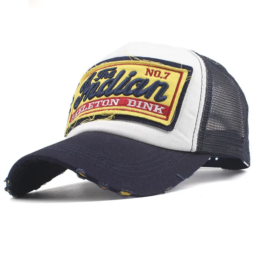 Trucker-style Indian Cap featuring a yellow and red Action patch, perfect for Y2K fans