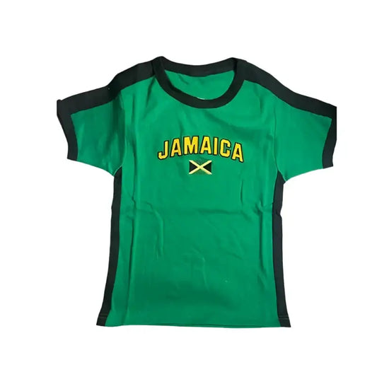 Green Jamaica Crop Top featuring flag print, perfect for Y2K women’s clothing style