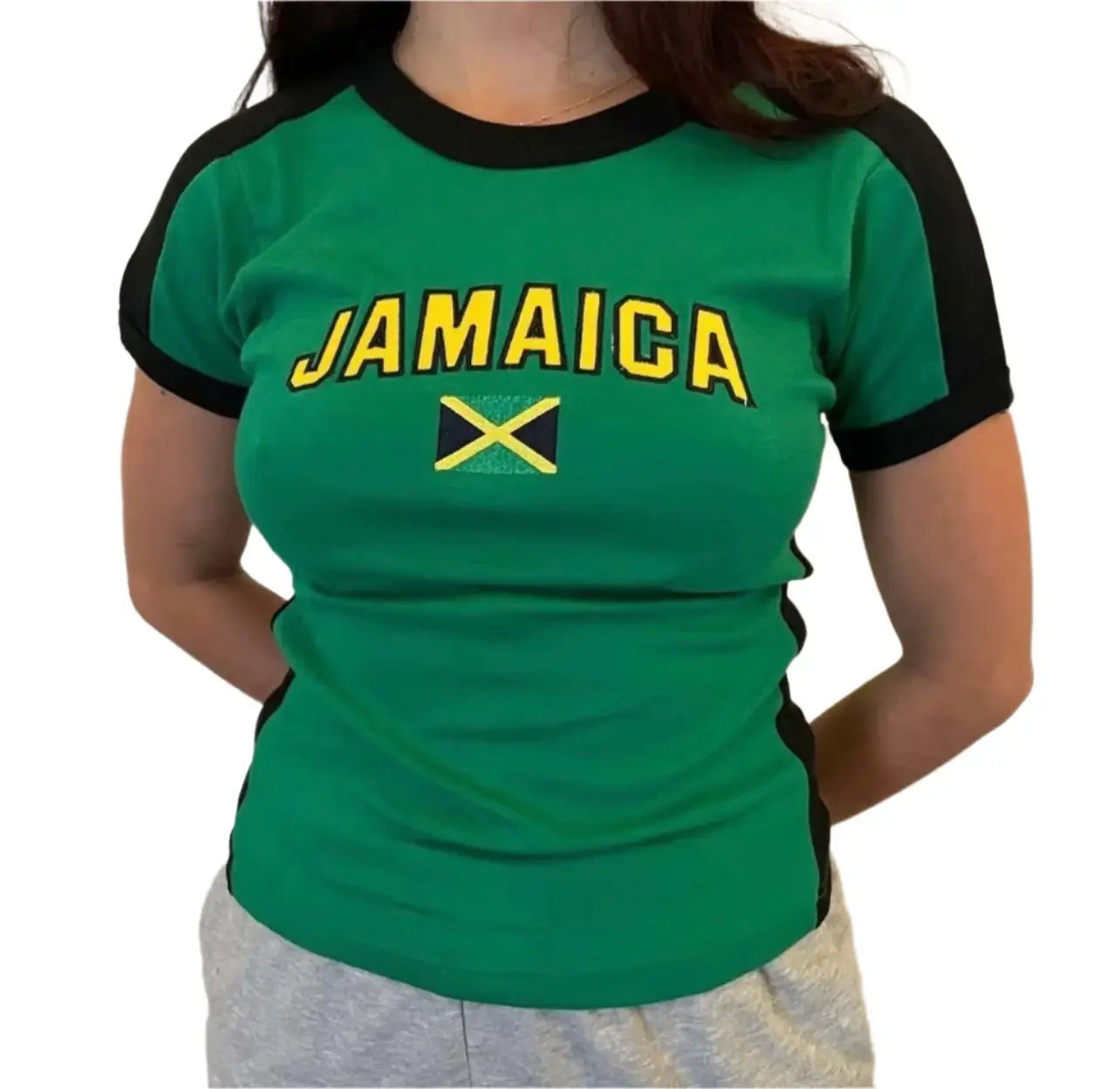 Green Jamaica Crop Top featuring the Jamaica flag design in a Y2K style