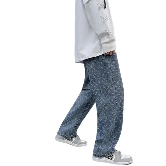 Baggy blue jeans with a geometric pattern in a stylish Y2K-inspired design