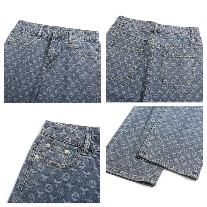 Patterned denim jeans featuring a Y2K-inspired geometric design for trendy style