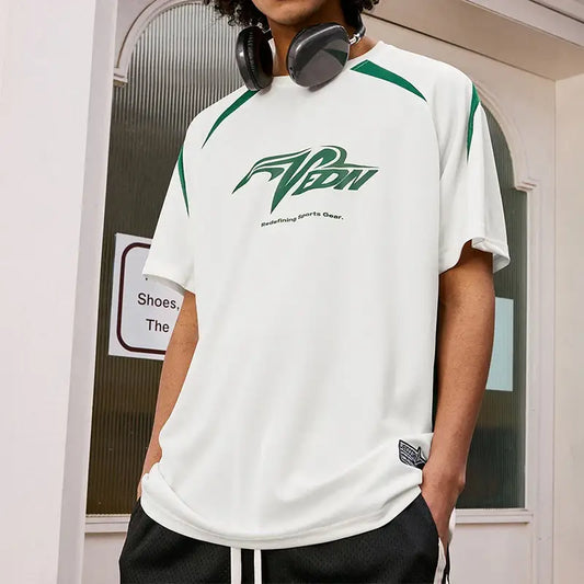 White Jersey T Shirt featuring green Flow logo and accents, perfect for Y2K style