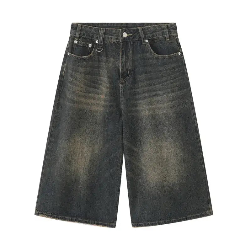 Pair of wide-leg denim shorts with faded distressed style in Jorts Baggy Y2K design