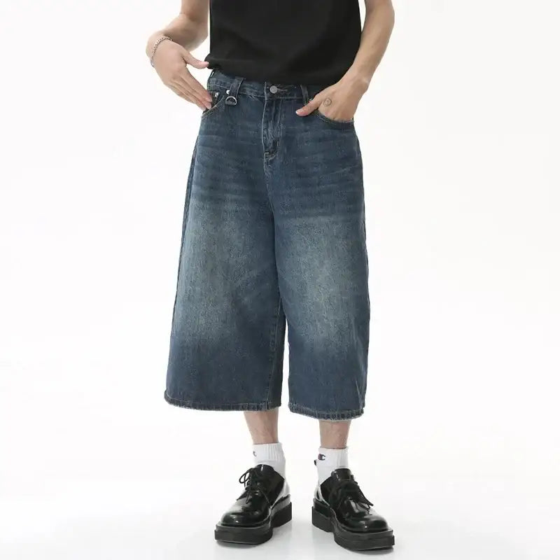 Wide-leg cropped denim jeans styled as Jorts Baggy Y2K on a person