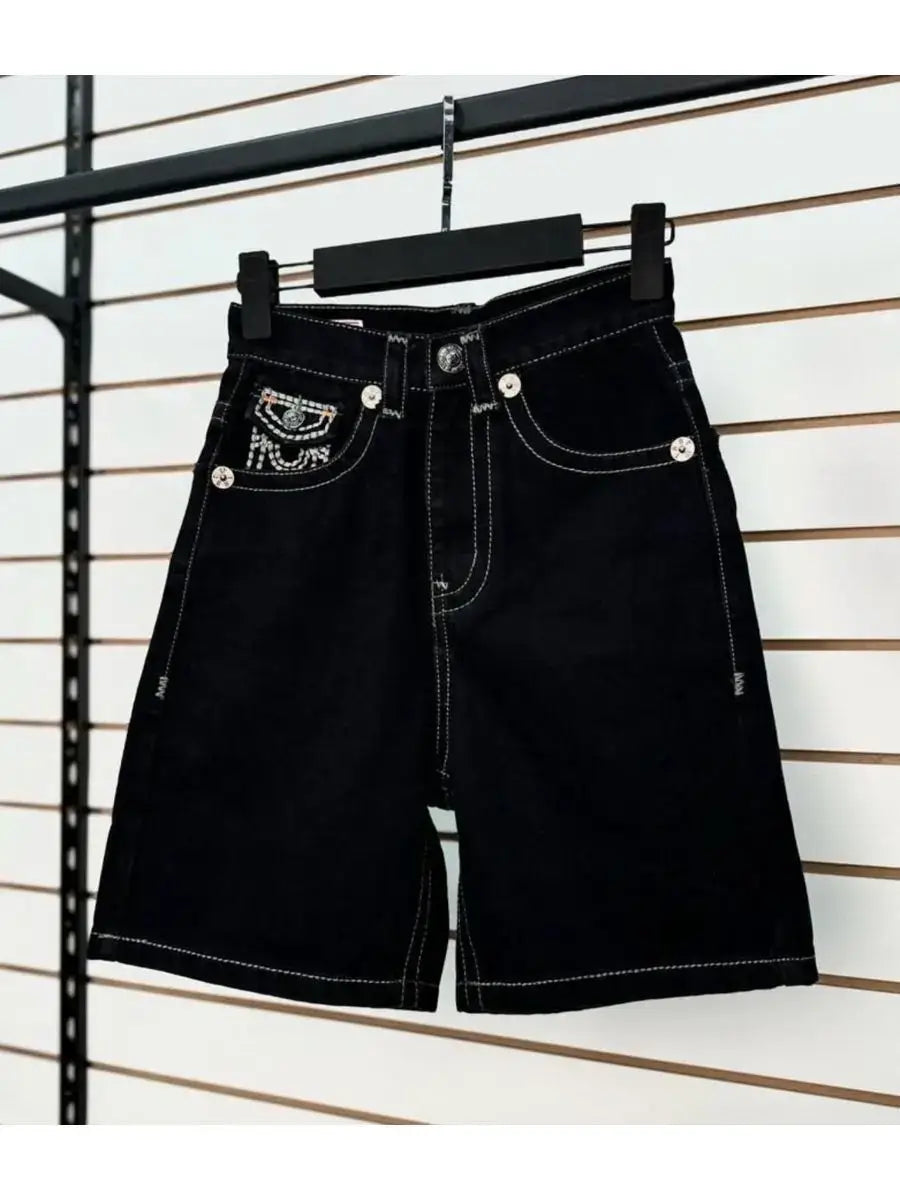 Pair of black denim shorts with white stitching, perfect for Womens Y2K Clothing