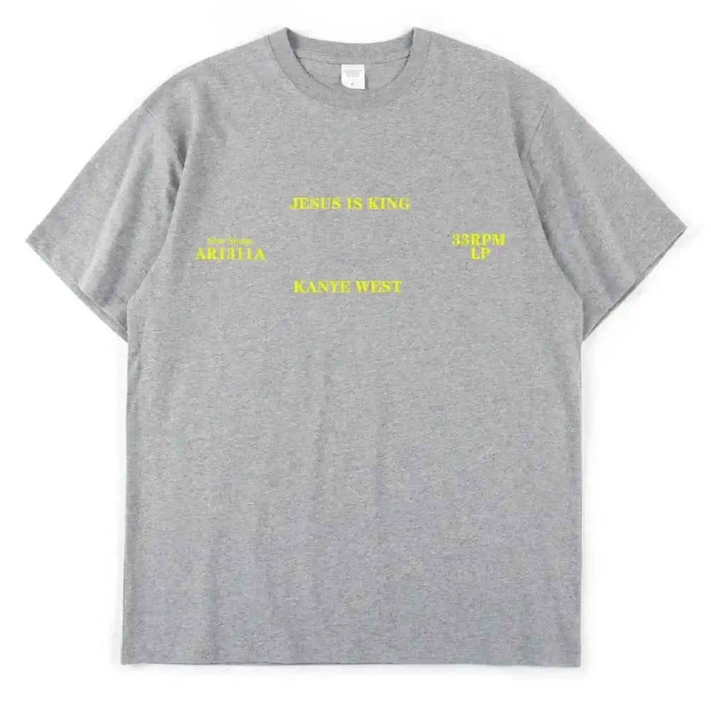 Gray Kanye West T Shirt with bold yellow text in a trendy Y2K style