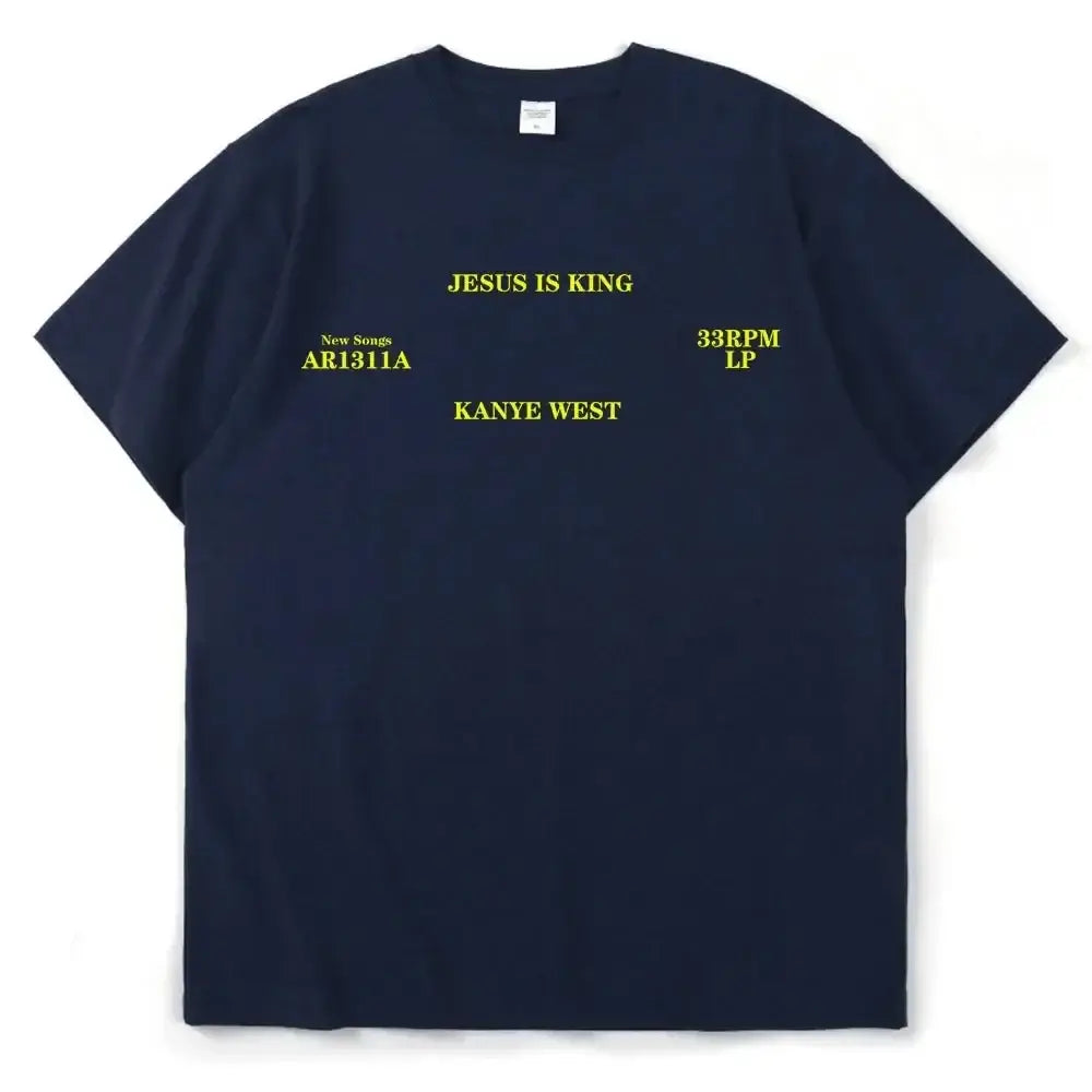 Navy blue Kanye West T Shirt featuring yellow text Jesus is King, perfect for Y2K fans