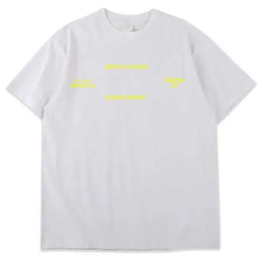 White Kanye West T Shirt with bold yellow text, perfect for Y2K fashion enthusiasts