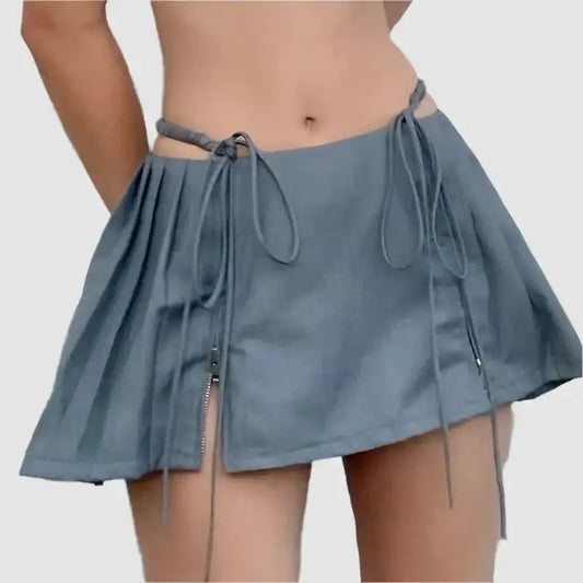 Blue-gray Y2K mini skirt with pleats and drawstring ties, perfect for a kawaii look