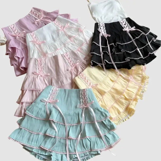 Collection of frilly tiered Kawaii Skirts in pastel and dark colors with lace trim