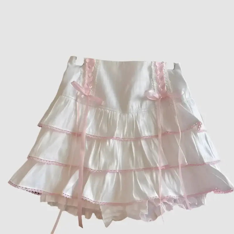 Frilly white and pink layered kawaii skirt with ruffles and ribbons for a Y2K look