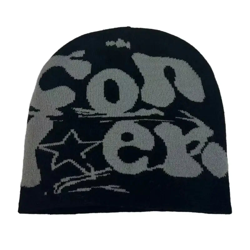 Knit beanie in gray featuring Conex text and star design for a cozy Y2K style