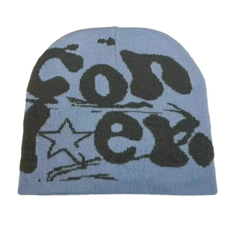 Light blue knit beanie with Son of a and star design, perfect for Y2K style to stay cozy