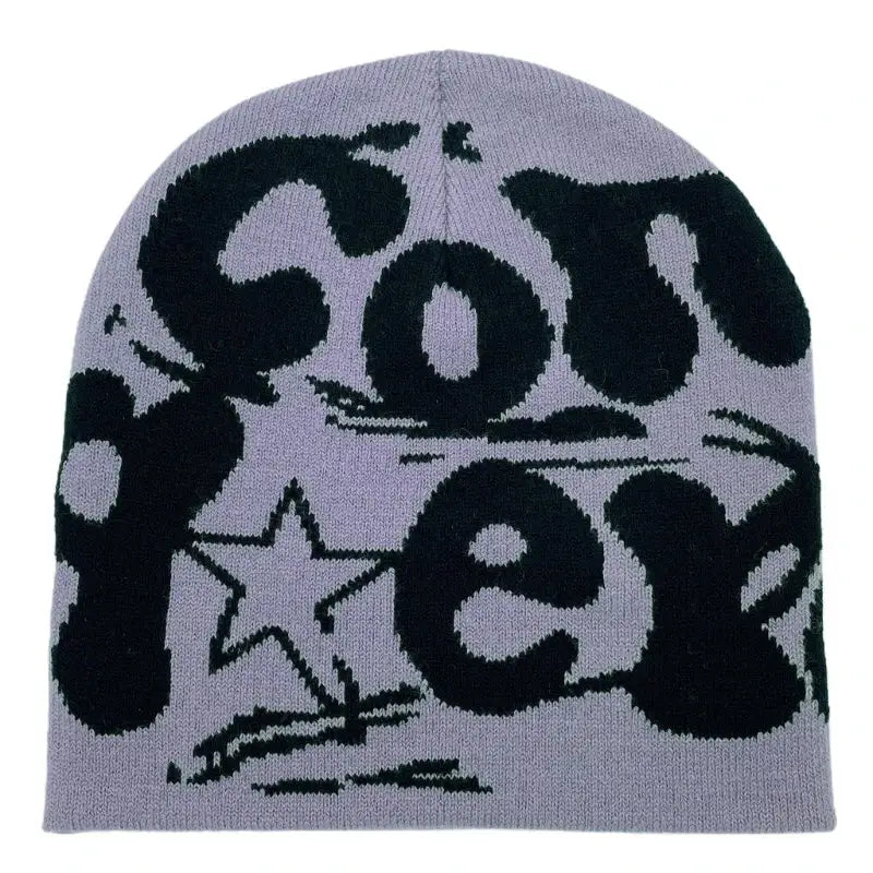 Knitted beanie hat with God Trek text and star design, perfect for cozy Y2K style