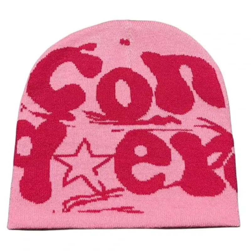 Pink knit beanie with Converse text in red for Y2K fashion and staying cozy