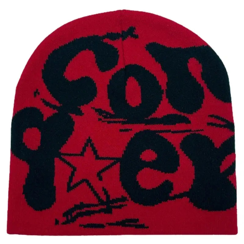 Red knit beanie featuring black Foo Fighters text and star design for cozy Y2K style