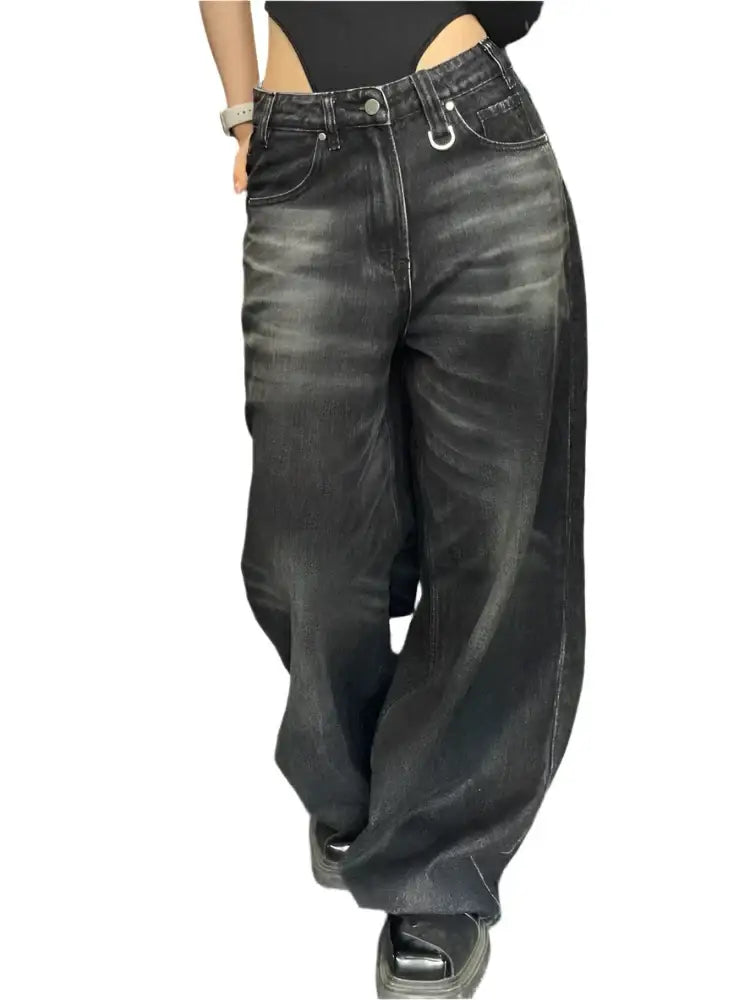 Baggy dark-wash Korean Jeans with metal ring detail, perfect for Y2K style