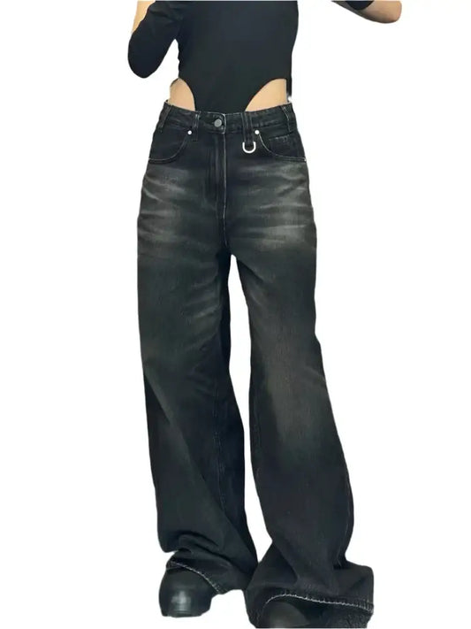 Wide-leg dark denim Korean Jeans with a high waist and belt loops for stylish Y2K fashion