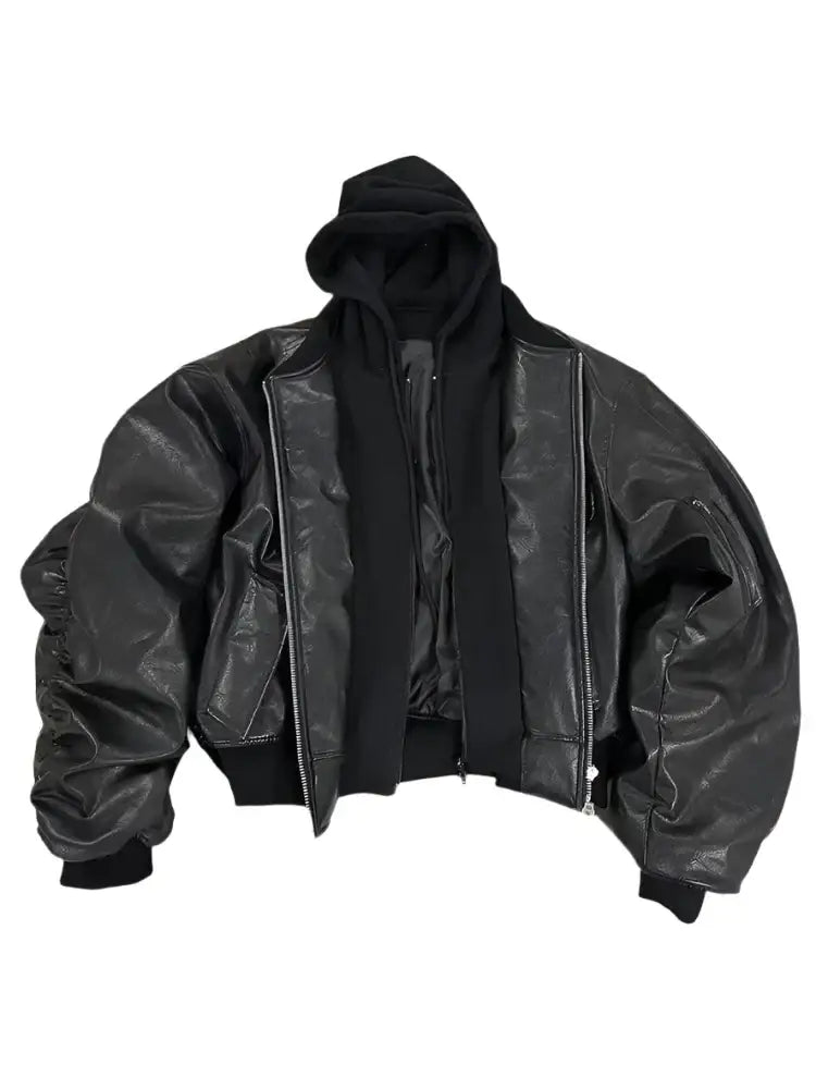 Black leather bomber jacket with hood for a stylish and modern look