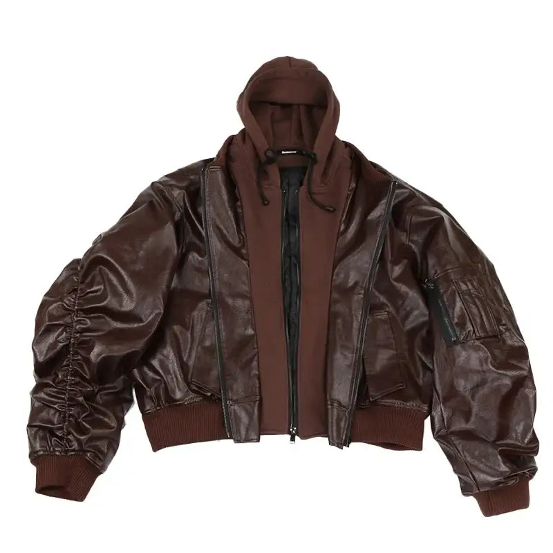 Brown leather bomber jacket with hood and ribbed cuffs for men’s fashion