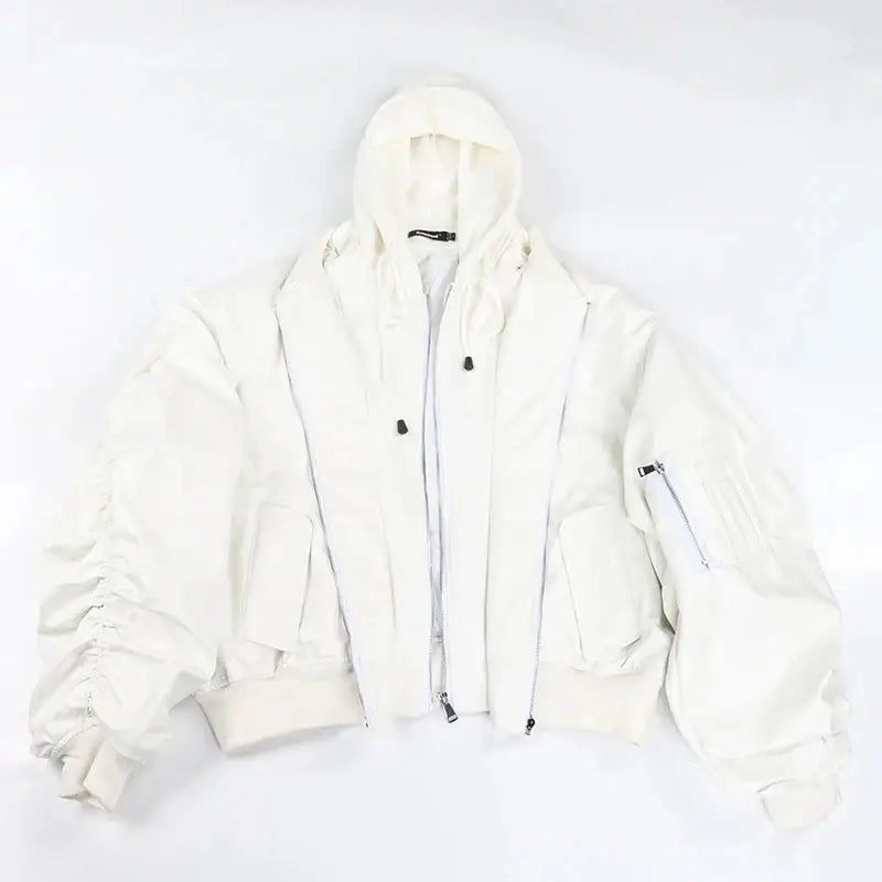 White hooded leather bomber jacket with multiple zippers and pockets