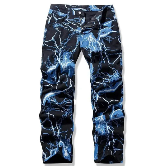 Lightning Jeans featuring a blue and white lightning bolt pattern on black background