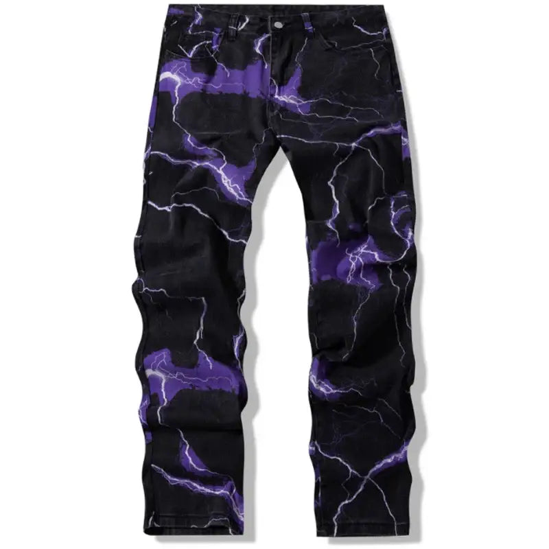 Black lightning jeans featuring purple bolt patterns, a stylish Y2K comfortable choice