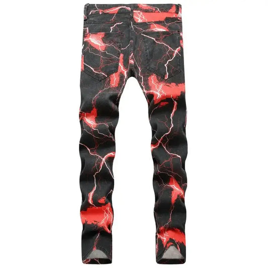 Black Lightning Jeans featuring a bold red crackle pattern, a stylish Y2K comfortable choice