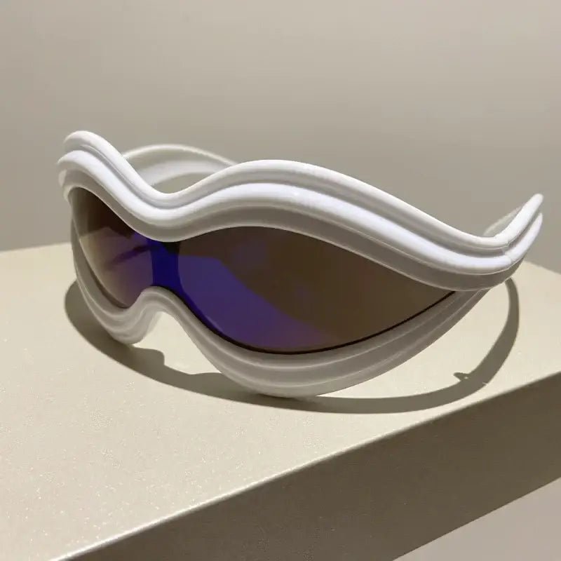 Futuristic Lip Sunglasses with curved frames and purple-tinted lenses, perfect Y2K style