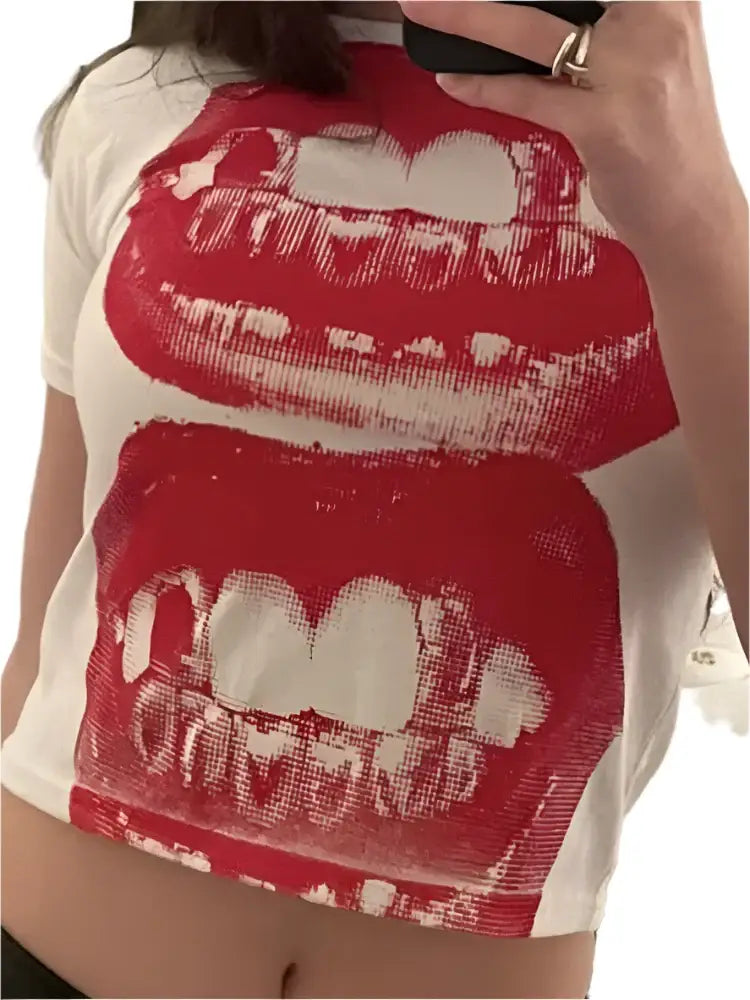 White Lips T Shirt featuring vibrant red graphic prints of teeth and gums in Y2K fashion