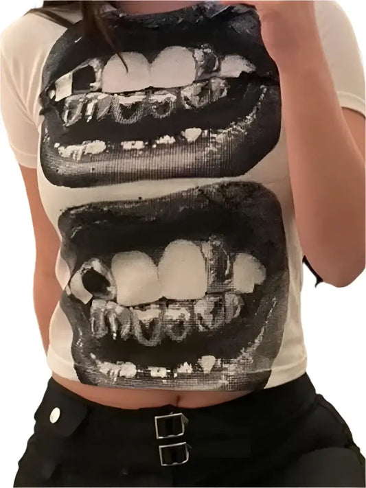 Black-and-white graphic mouths on Lips T Shirt, perfect for Y2K fashion lovers