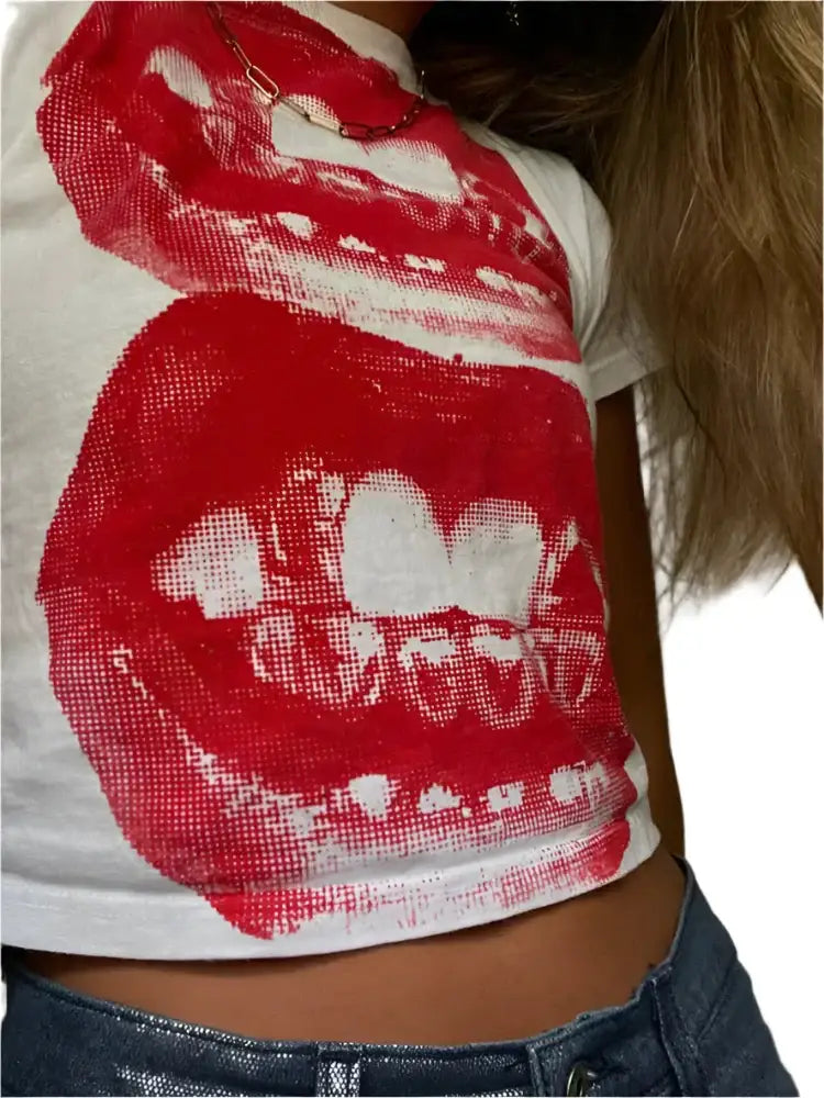 White Lips T Shirt featuring bold red lip prints, perfect for Y2K fashion enthusiasts