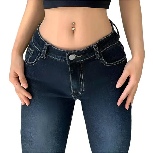 Low Rise Flare Jeans showcasing midriff and navel piercing in Y2K style