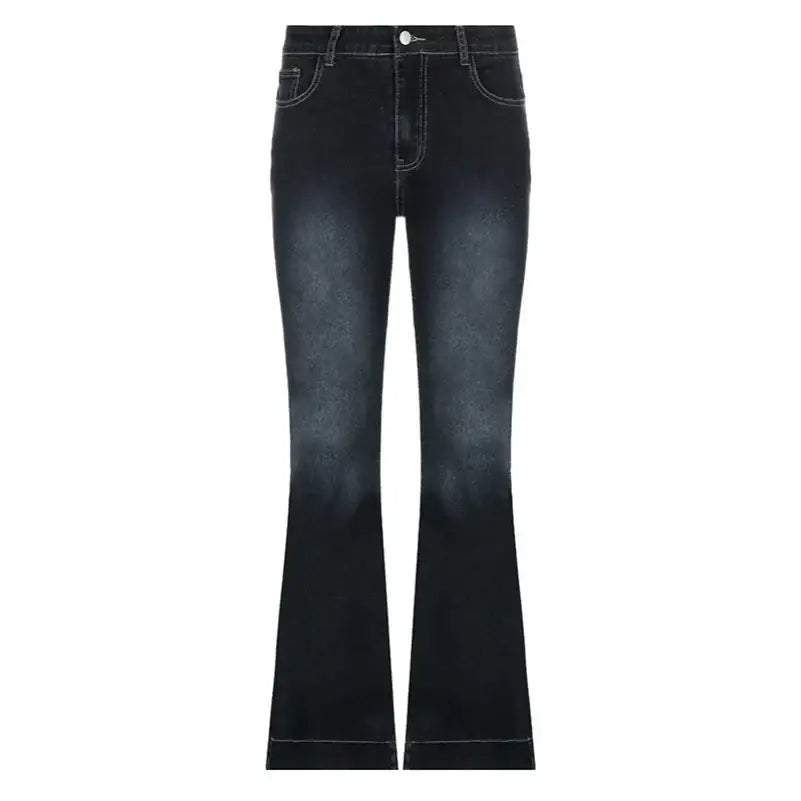 Dark wash low rise flare jeans with a slight fade effect for a stylish Y2K look