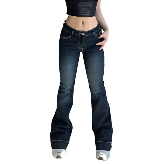 Person wearing dark blue low rise flare jeans ideal for Y2K fashion trends