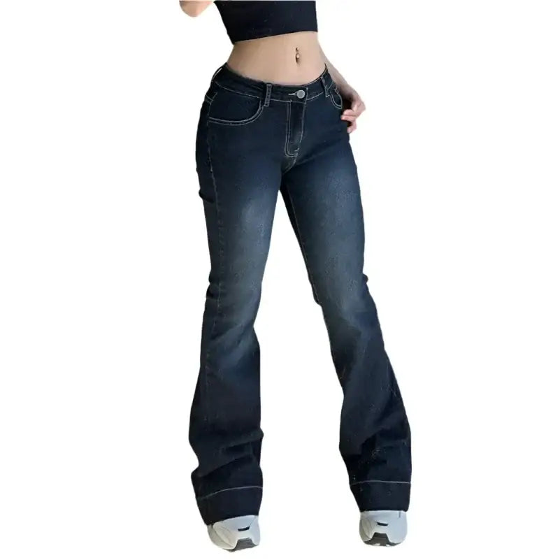 Person wearing Low Rise Flare Jeans in dark blue, showcasing Y2K style fashion