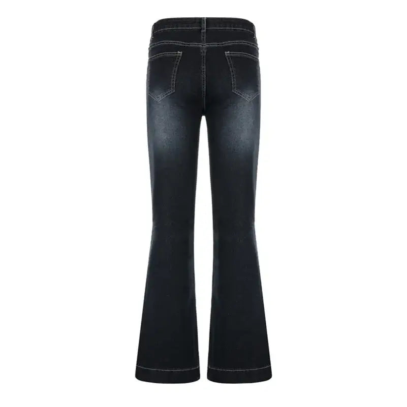 Dark wash low rise flare jeans with contrast stitching for a Y2K-inspired look