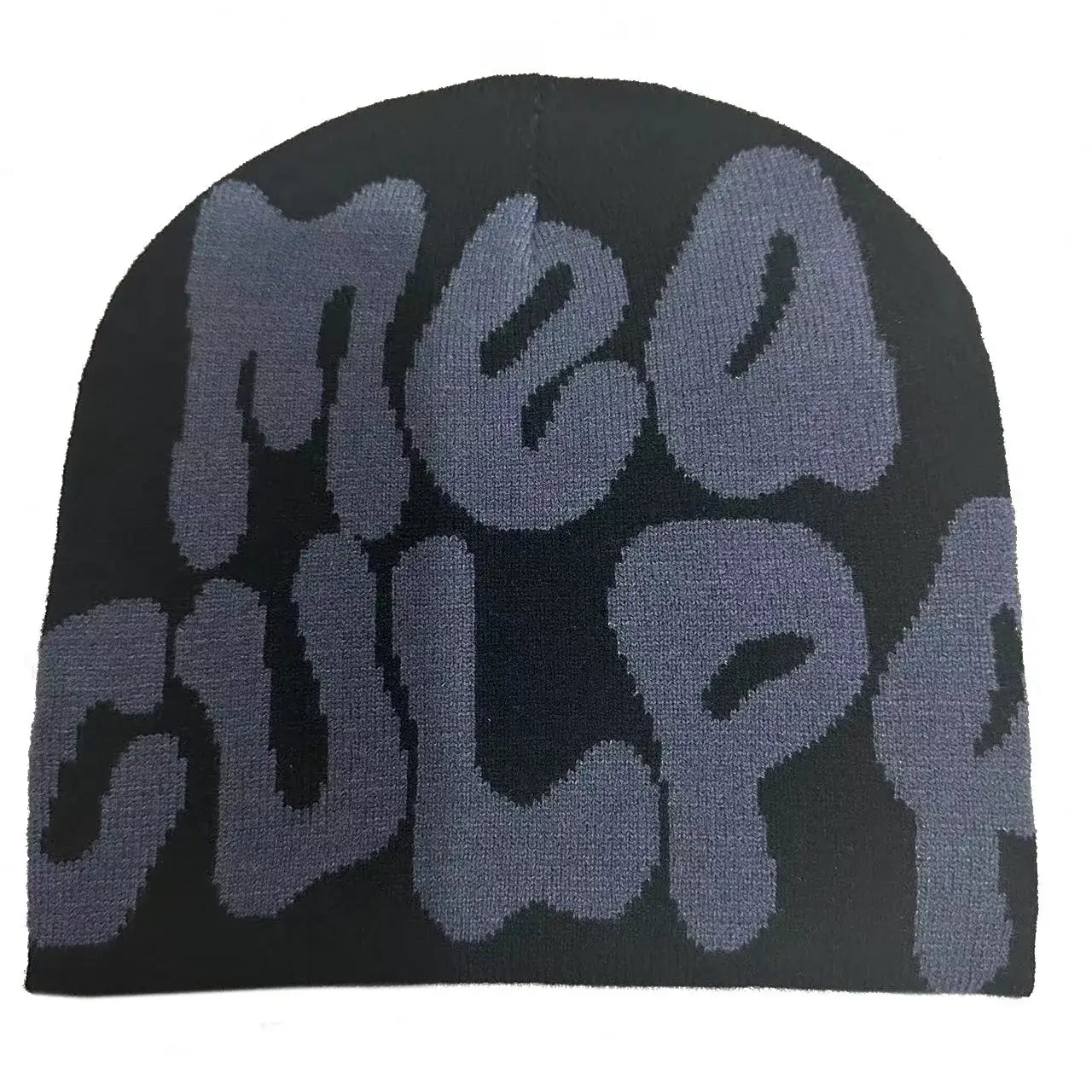 Black knit Mea Culpa beanie hat featuring gray text for a stylish accessory