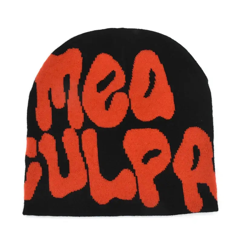 Black Mea Culpa Beanie with orange ’MEA CULPA’ lettering for stylish winter wear