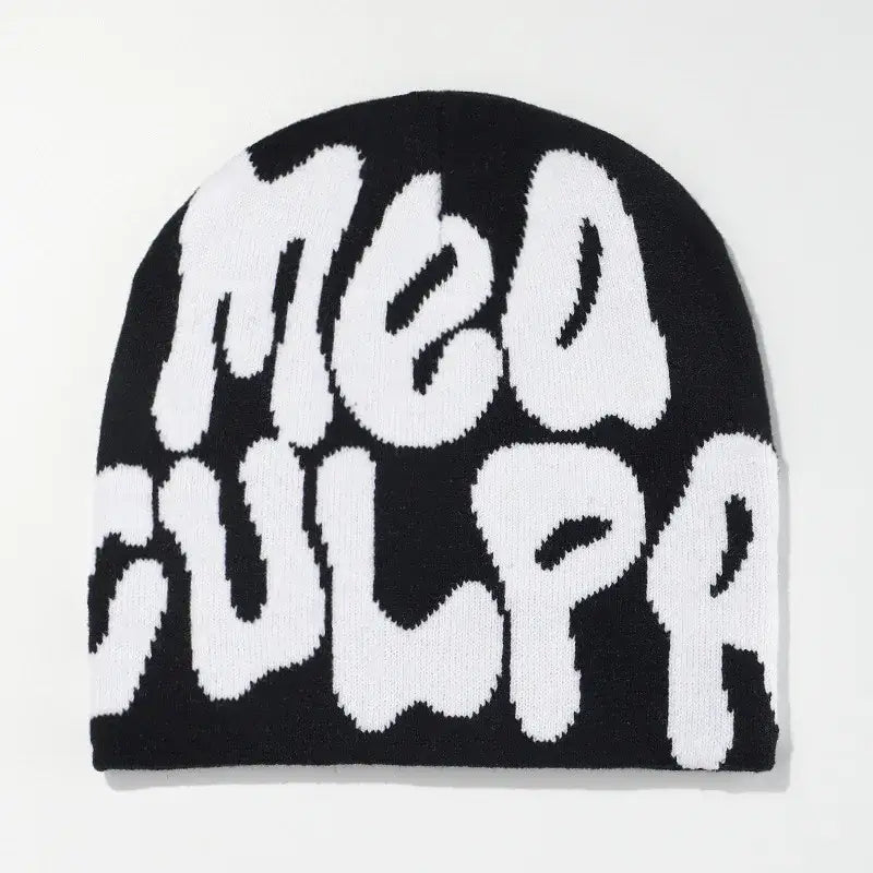 Black knit Mea Culpa Beanie with Meow Pulp in white letters