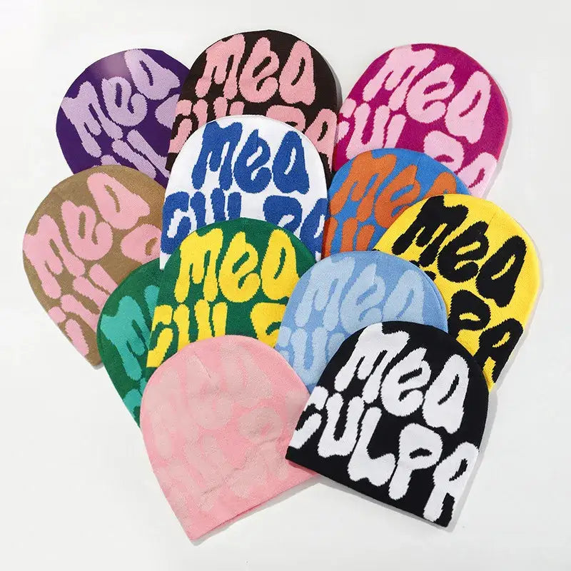 Colorful Mea Culpa Beanies featuring unique text designs for stylish winter wear