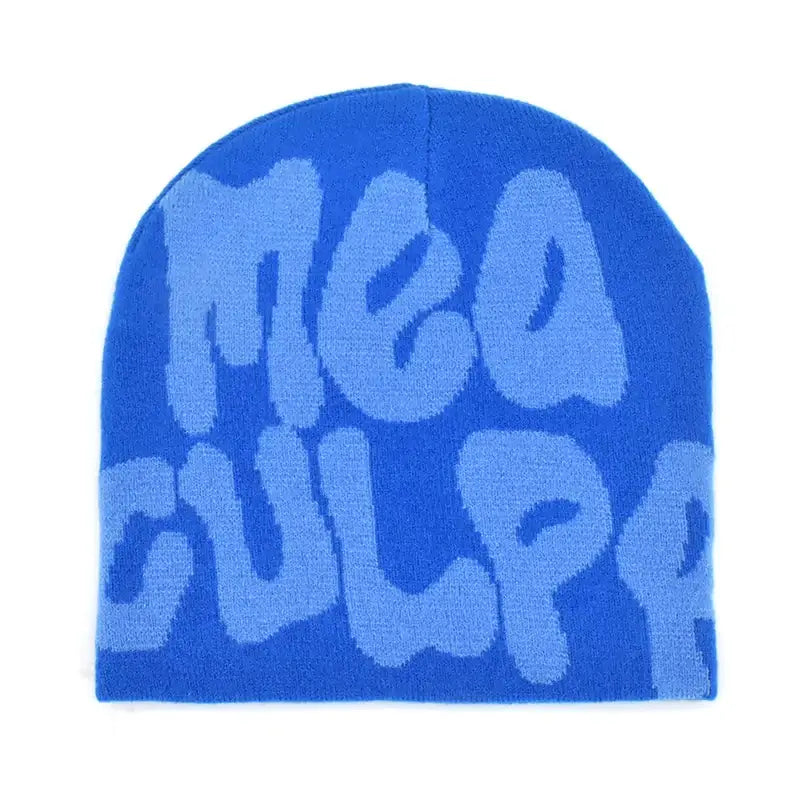 Blue knit Mea Culpa beanie with lighter blue text for stylish winter fashion