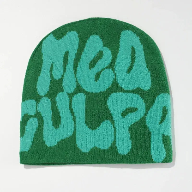 Green Mea Culpa Beanie hat featuring lighter green ’Mea culpa’ text for a stylish look