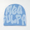 Light blue Mea Culpa beanie hat featuring bold text design for stylish warmth