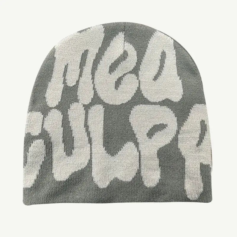 Gray Mea Culpa Beanie featuring white NEW CULPA text in stylish knit design