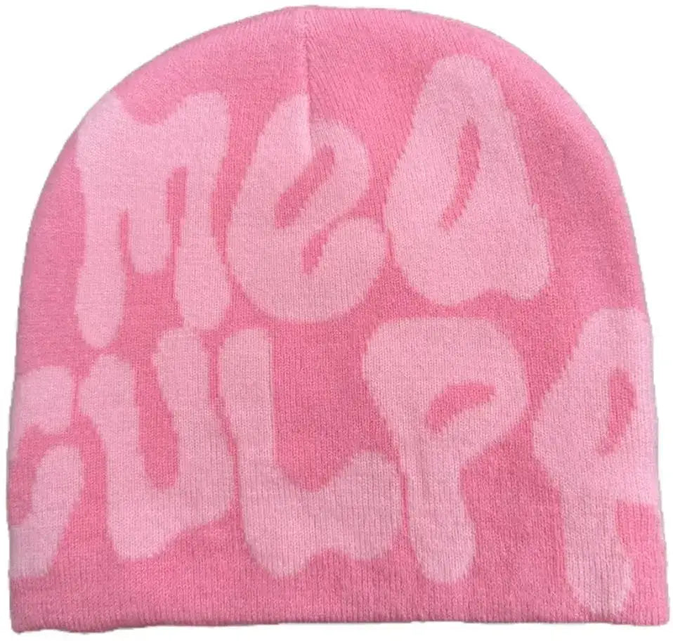 Pink Mea Culpa Beanie featuring ’Meow Meow’ text in lighter pink color