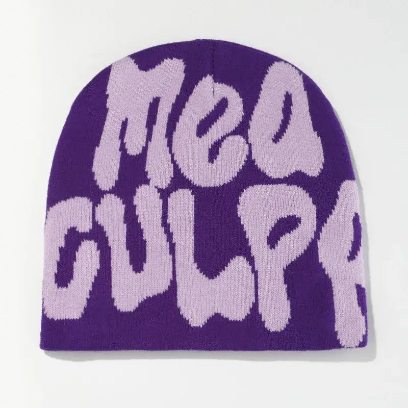 Purple and pink Mea Culpa Beanie with Med Dulfer text for stylish warmth